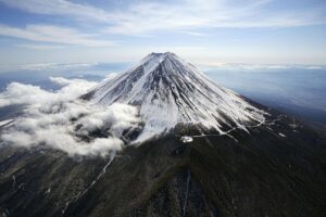 Mount Fuji with snow on its peak.