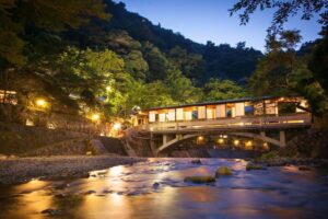 Night shot of hot springs at Arima Onsen Hot Springs.