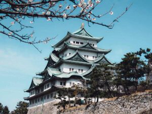 Nagoya Castle sitting on a hillside with cherry blossoms.