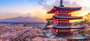 Fujiyoshida, Japan Beautiful View Of Mountain Fuji And Chureito