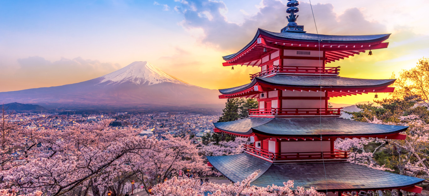 Fujiyoshida, Japan Beautiful view of mountain Fuji and Chureito pagoda at sunset, japan in the spring with cherry blossoms