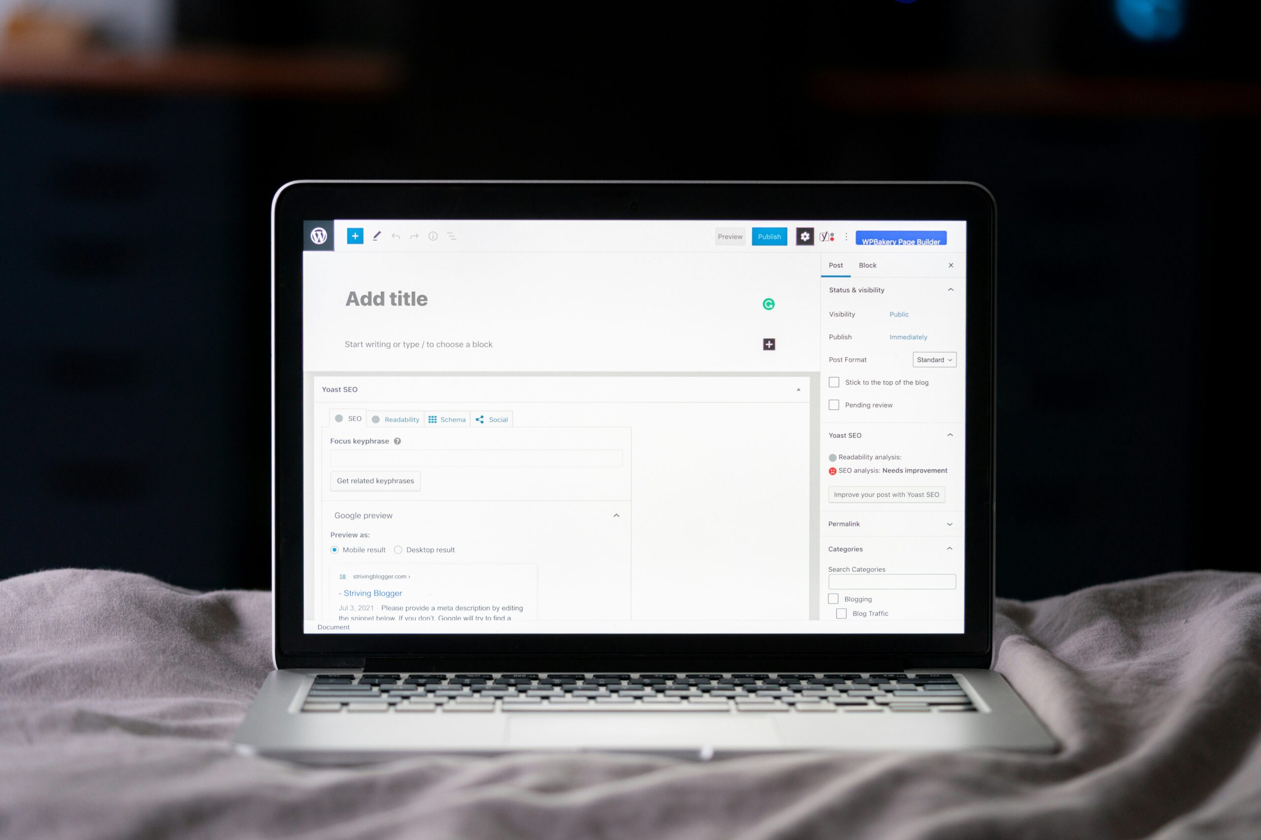 Computer with a WordPress screen to create a page on a website.